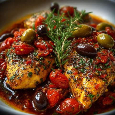 Une recette provençale de poulet avec des tomates et des olives.