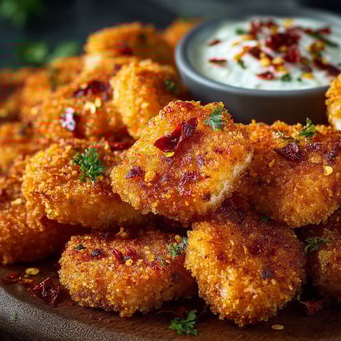 Une assiette de nuggets maison épicés, avec des pépins de poivre et une sauce.