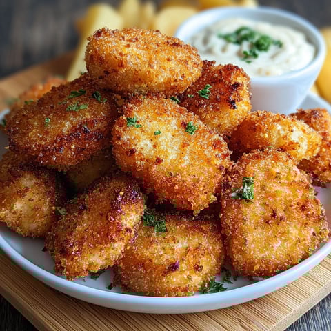 Une assiette de nuggets de poulet maison classique, avec une sauce et des pommes de terre frites.