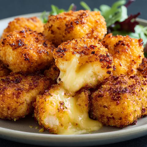 Une assiette de nuggets de poulet au fromage, avec des légumes verts sur le dessus.