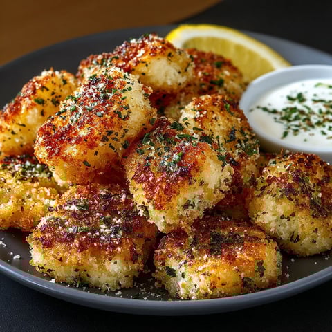 Une plate de Nuggets aux Herbes et Parmesan, avec une sauce et une citron.