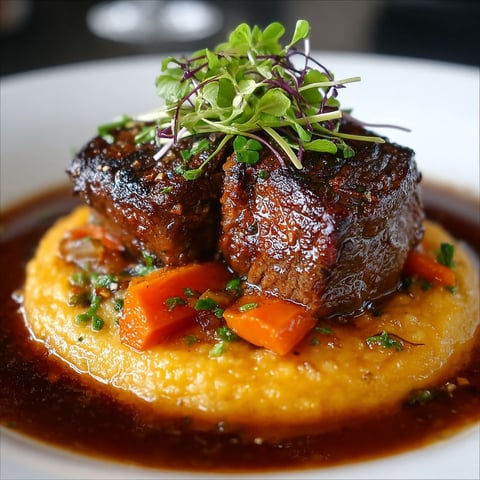 Joues de Bœuf et Purée de Carottes - Une image de joues de bœufs et de purée de carottes sur un plateau, accompagnée d'une carafe de vin.
