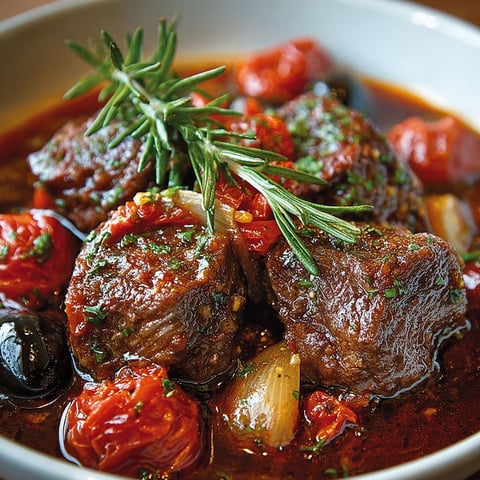 Joues de Bœuf à la Provençale - Un plat de bouillon de boeuf avec des tomates, oignons et herbes de Provence.