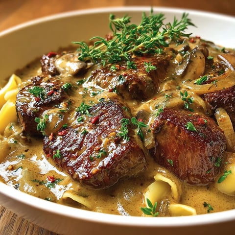 Une assiette de Joues de Bœuf à la Crème et Moutarde, avec des herbes fraîches pour garnir.