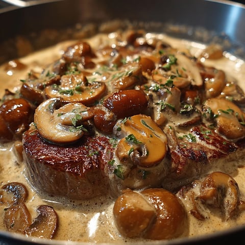 Une recette de Joues de Bœuf aux Champignons et Crème est servie dans un plat en métal.