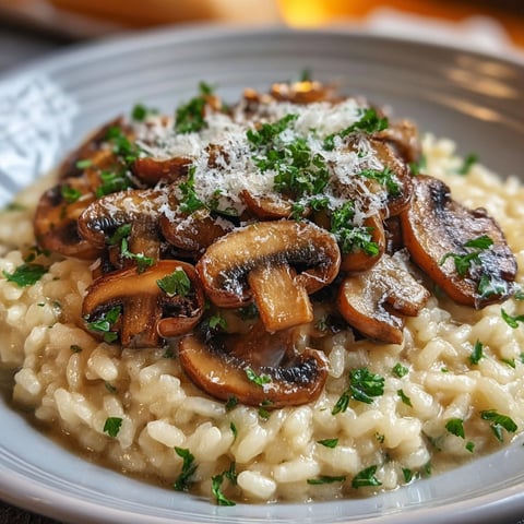 Une assiette de risotto aux champignons crémeux, garnie de herbes fraîches.
