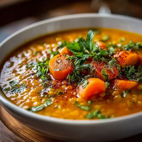 Une soupe chaude avec des carottes et des herbes.