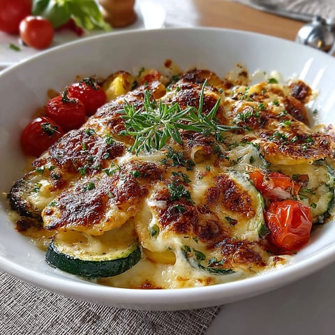 Un plat de gratin avec des tomates, des courgettes et des herbes.