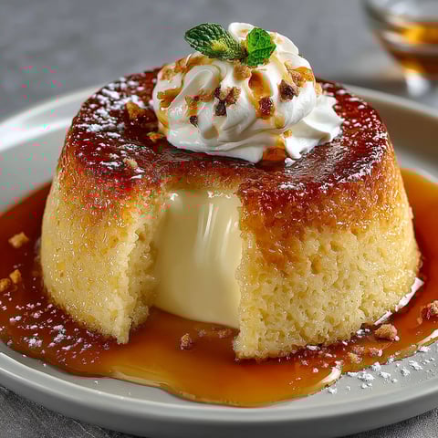 Un gâteau sucrée avec une sauce caramélisée et des fruits frais sur le dessert.
