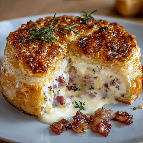 Une portion de Feuilleté, garnie de bacon et de herbes, est servie sur un plateau.