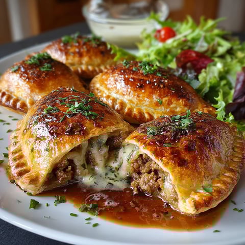 Chaussons de viande grillés avec des légumes verts et des herbes.