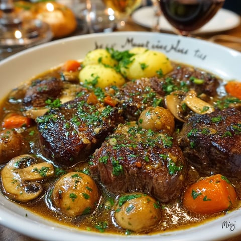 Une assiette de joue avec des champignons, des carottes et des pommes de terre, accompagnée de vins et de bouteilles.