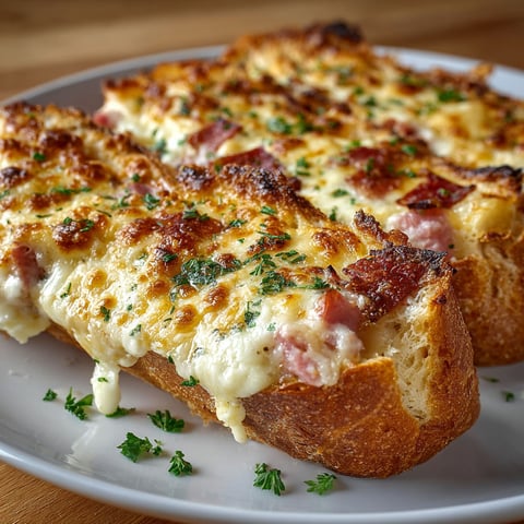 Une tranche de baguette avec du fromage et des herbes sur une plaque de verre.