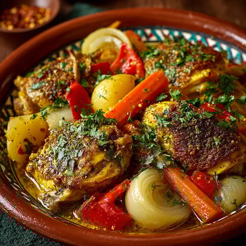 Une recette de Tajine est servie dans un bol coloré.