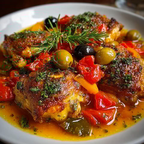 Un poulet grillé avec des légumes verts et des olives.