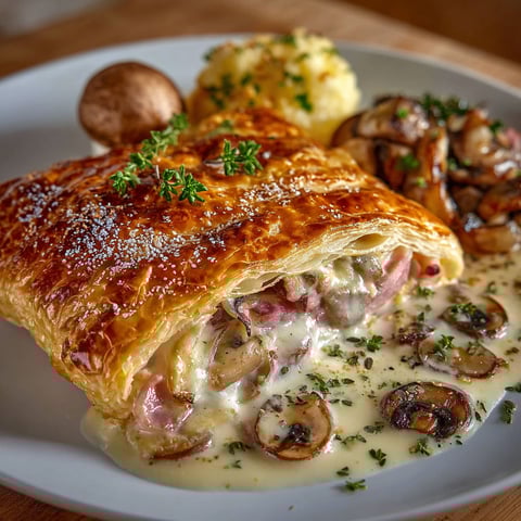 Un plat de Feuilleté avec des champignons et des pommes de terre.