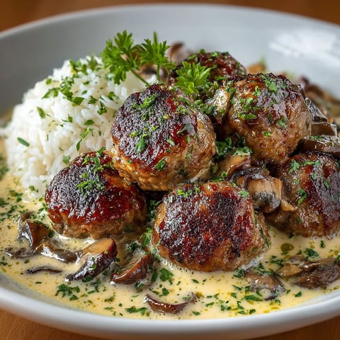 Boulettes de viande dans une sauce au mushroom et à la parsley.